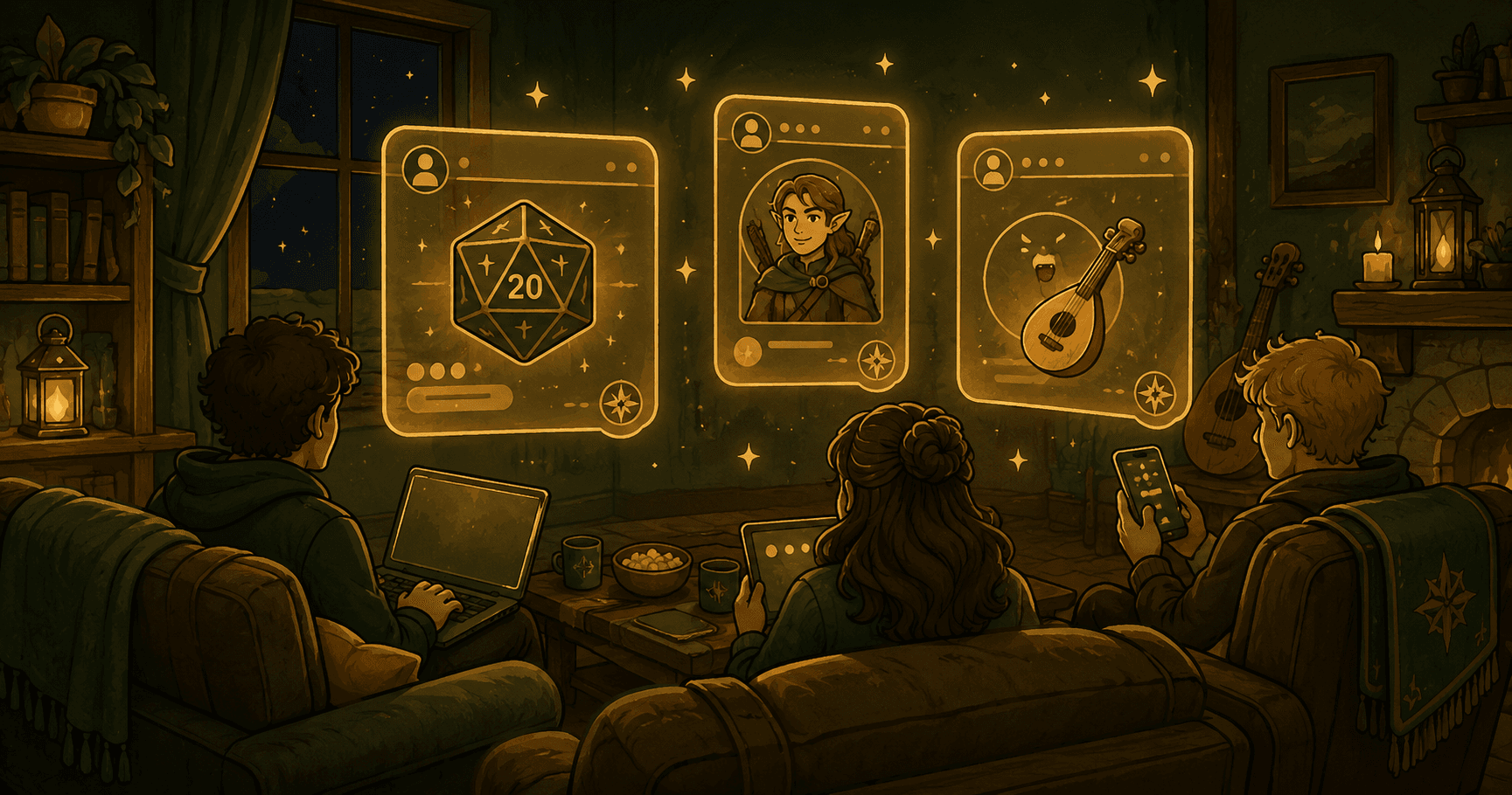 A party playing in a Discord channel, with dice results and a character sheet card