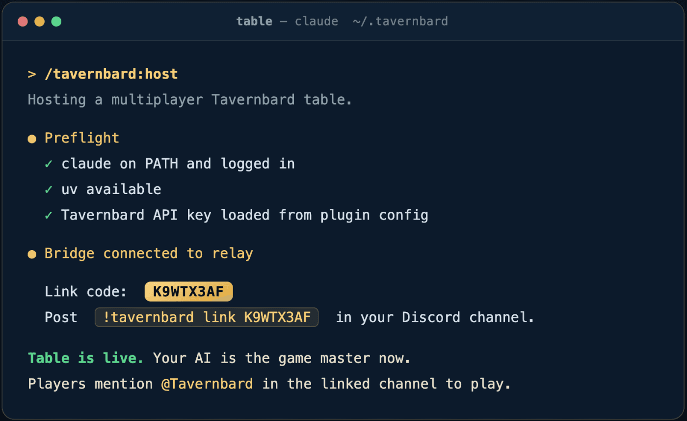 A terminal running the Tavernbard host plugin, linked to a campaign and listening for the table