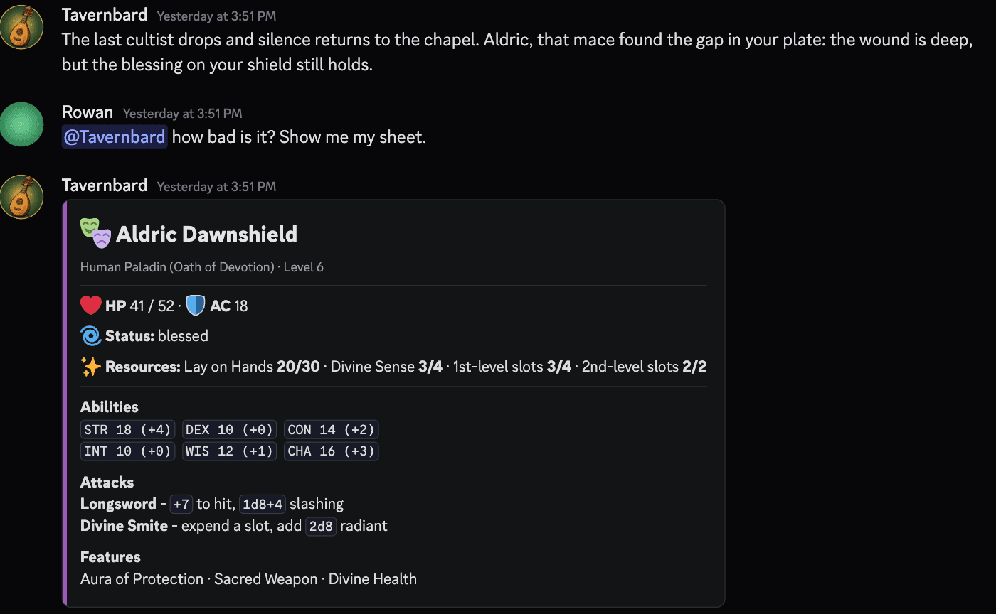 A Discord conversation: Tavernbard narrates the scene, a player asks to see their sheet, and Tavernbard posts the rendered character-sheet card