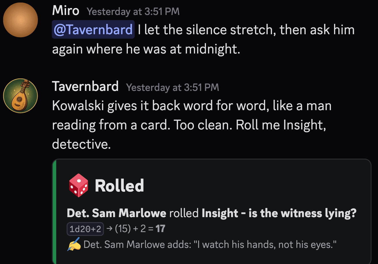 A Discord conversation: a player mentions @Tavernbard to take their turn, the DM calls for a roll, and the resolved dice appear