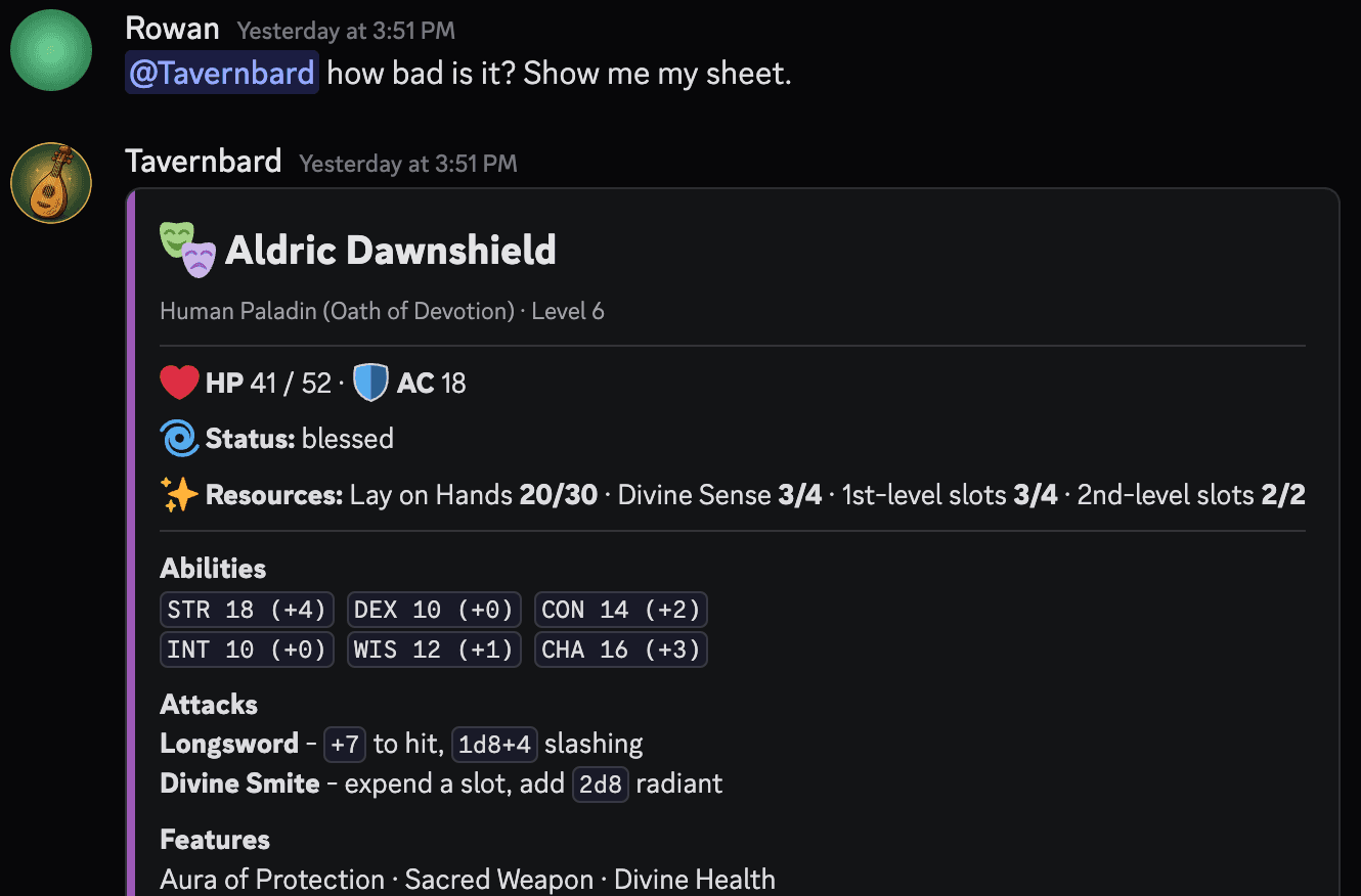 A Discord table moment: the game master narrates the end of a fight, a player asks to see their sheet, and Tavernbard renders the paladin's full character sheet card in the channel