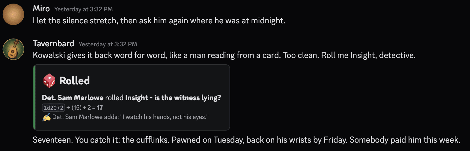 A Discord table moment: the detective presses a witness, the game master calls for an Insight roll, and Tavernbard's resolved roll card shows 15 plus 2 for 17 before the story continues