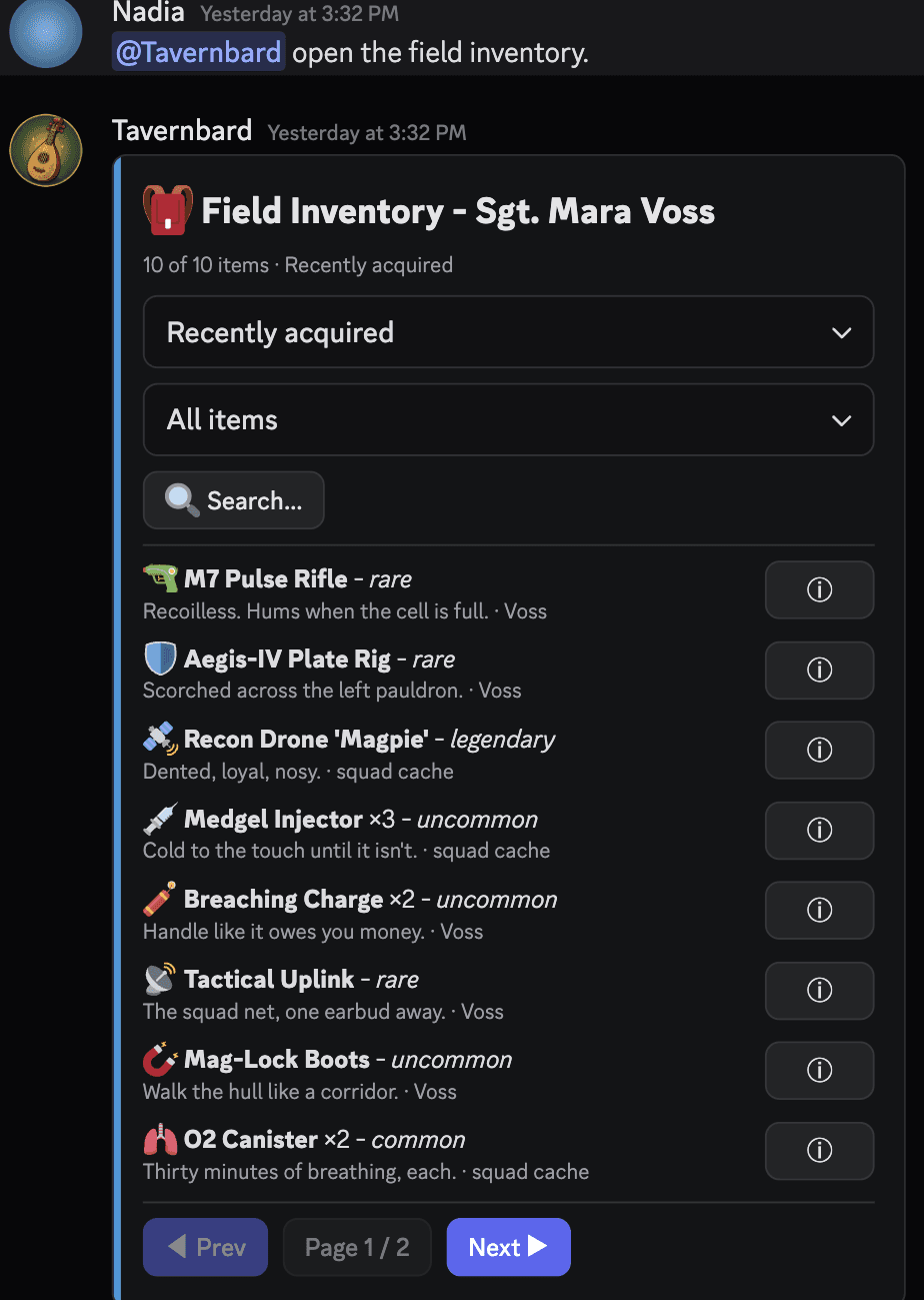 A Discord table moment: a player mentions the bard to open the field inventory and Tavernbard renders a space marine's gear with sorting, search, and per-item details