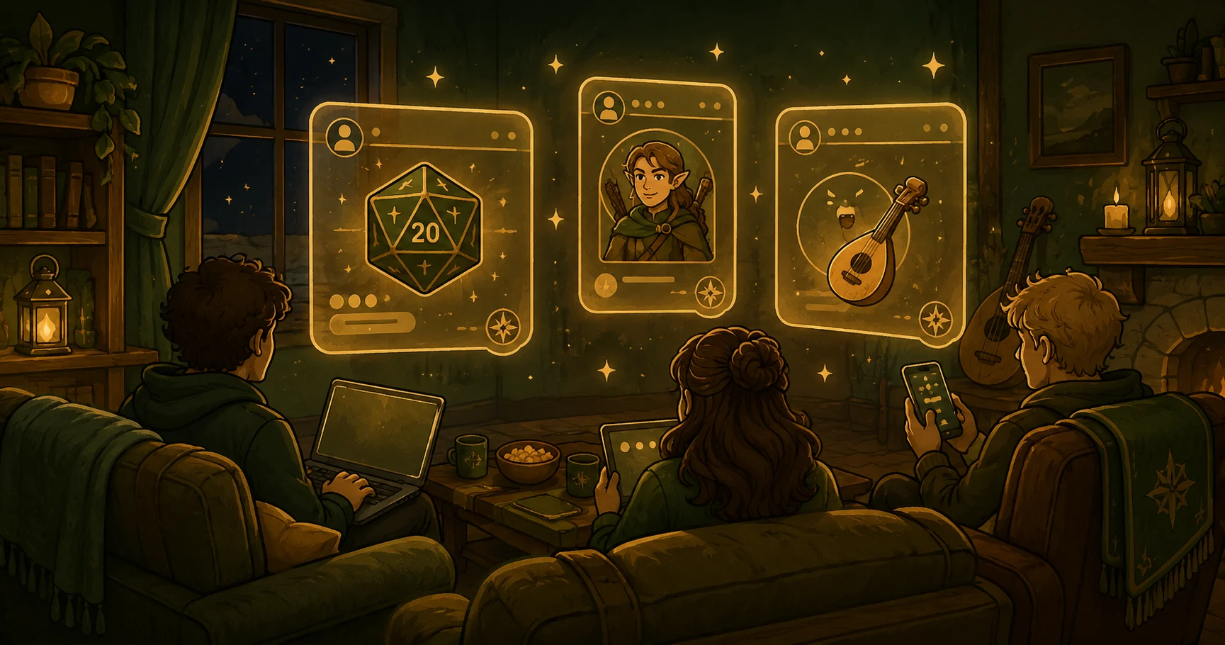 A party playing in a Discord channel, with dice results and a character sheet card
