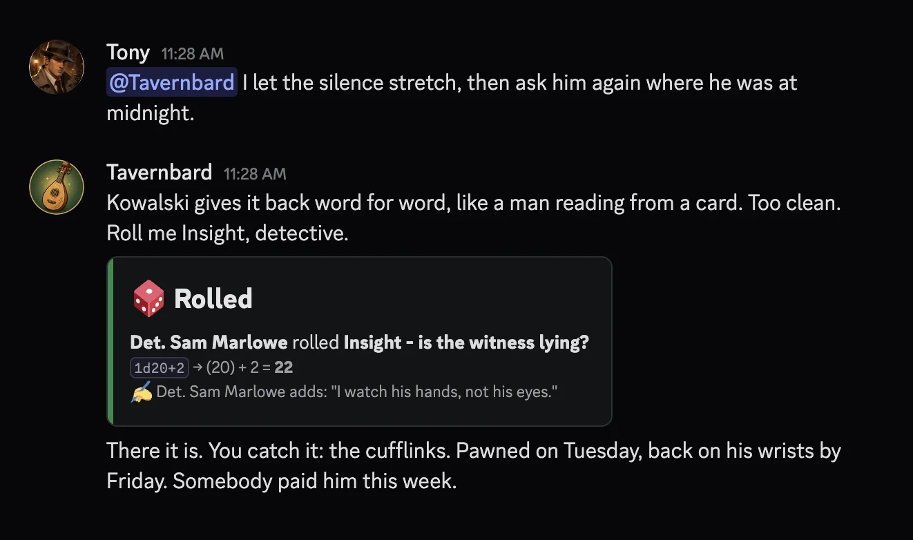 A Discord conversation: a player mentions @Tavernbard to take their turn, the DM calls for a roll, and the resolved dice appear