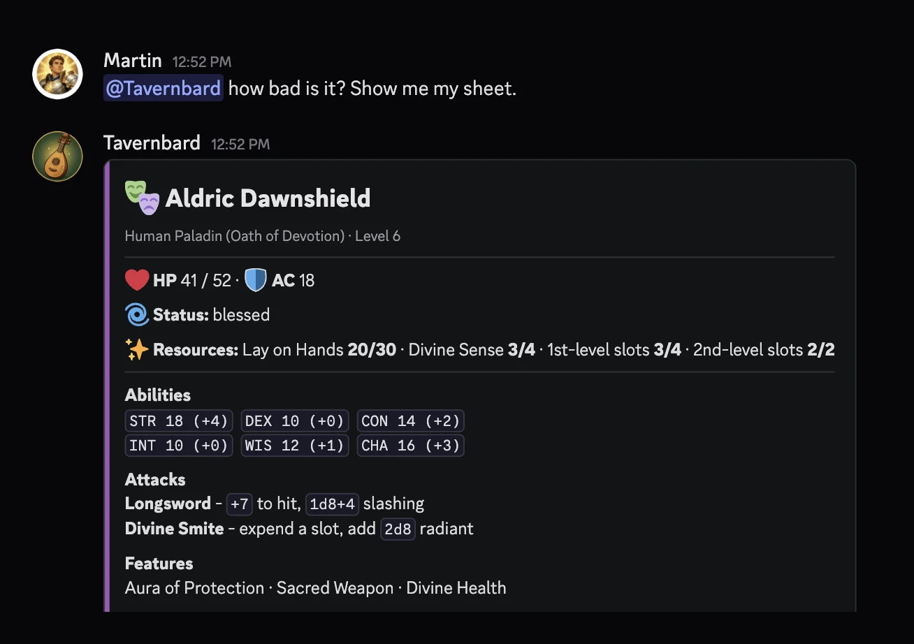 A Discord table moment: the game master narrates the end of a fight, a player asks to see their sheet, and Tavernbard renders the paladin's full character sheet card in the channel