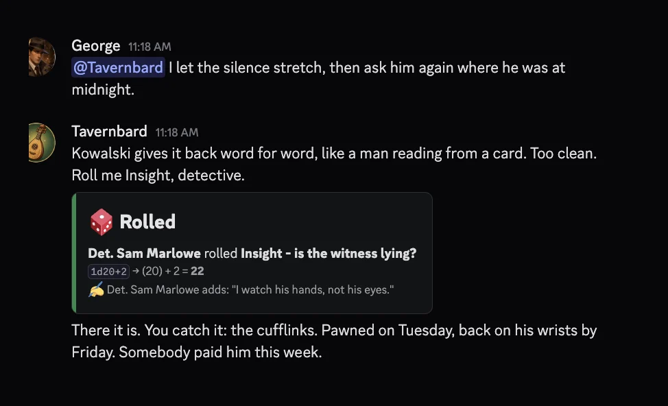 A Discord table moment: the detective presses a witness, the game master calls for an Insight roll, and Tavernbard's resolved roll card shows the result before the story continues
