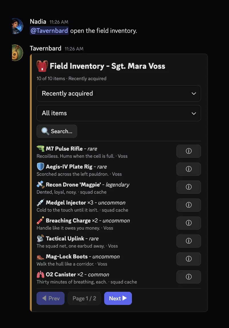 A Discord table moment: a player mentions the bard to open the field inventory and Tavernbard renders a space marine's gear with sorting, search, and per-item details